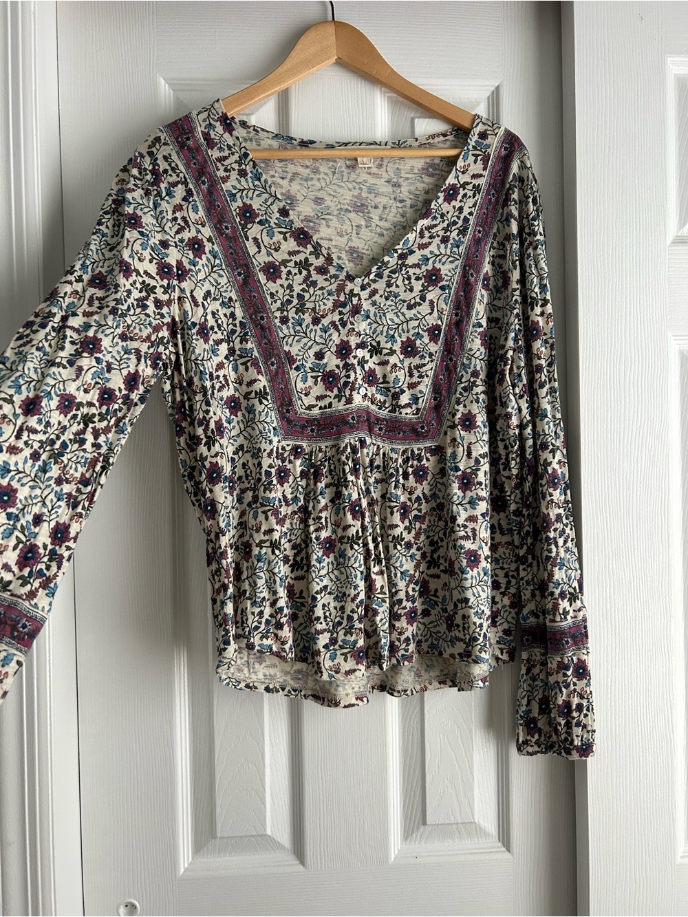 Lucky Brand Cream Floral V-Neck Peasant Blouse with Purple & Teal Accents